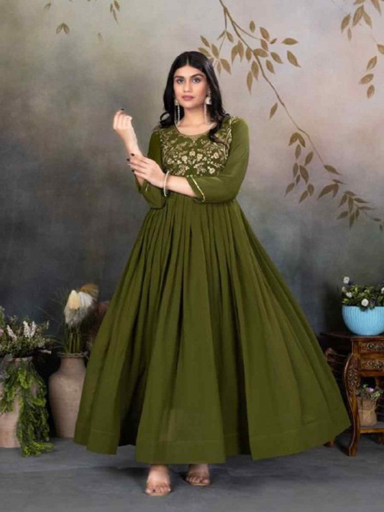 Mehendi Green Faux Georgette Embroidered Festival Casual Gown