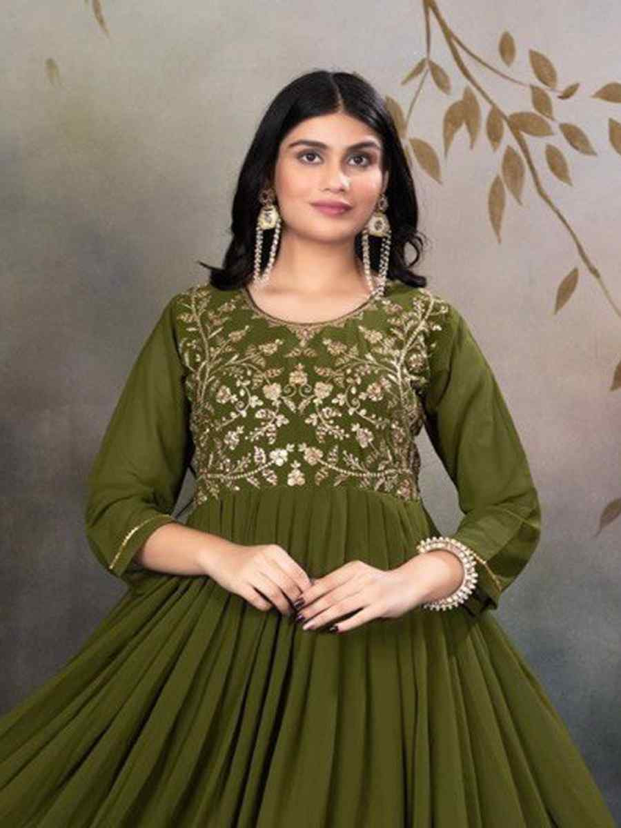 Mehendi Green Faux Georgette Embroidered Festival Casual Gown