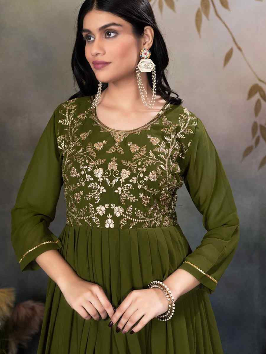Mehendi Green Faux Georgette Embroidered Festival Casual Gown