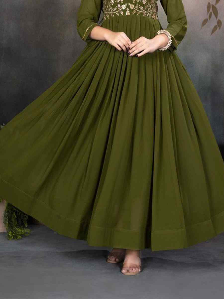 Mehendi Green Faux Georgette Embroidered Festival Casual Gown