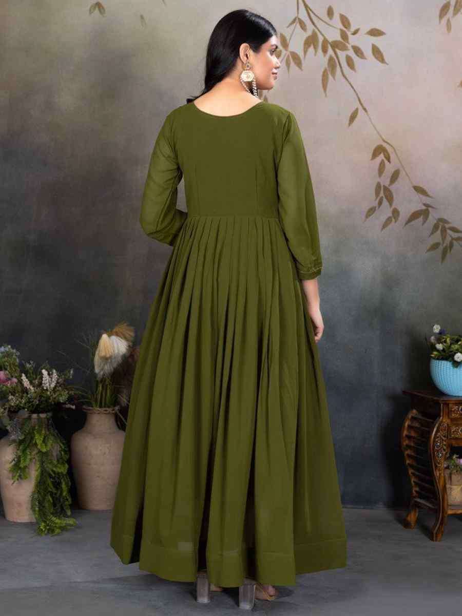 Mehendi Green Faux Georgette Embroidered Festival Casual Gown