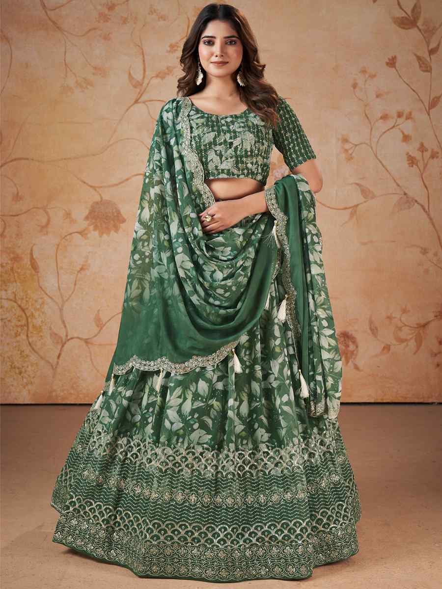 Mehendi Green Faux Georgette Embroidered Festival Wedding Circular Lehenga Choli