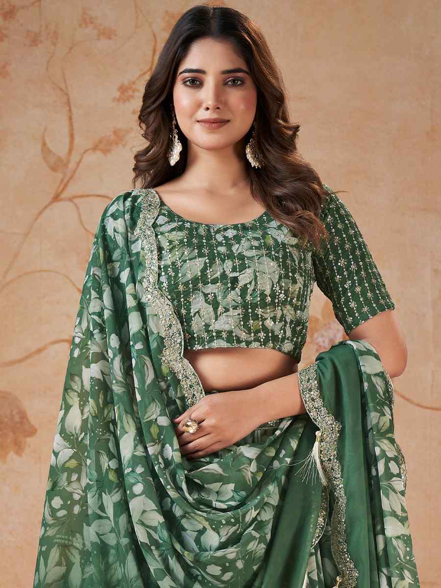 Mehendi Green Faux Georgette Embroidered Festival Wedding Circular Lehenga Choli