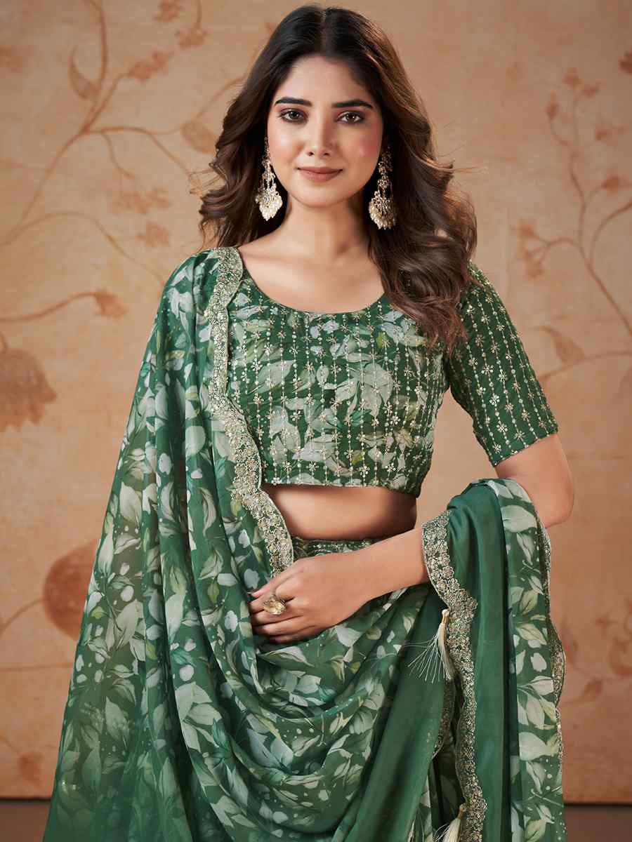Mehendi Green Faux Georgette Embroidered Festival Wedding Circular Lehenga Choli
