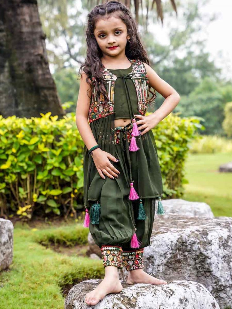 Mehendi Green Faux Georgette Embroidered Party Festival Lehengas Girls Wear