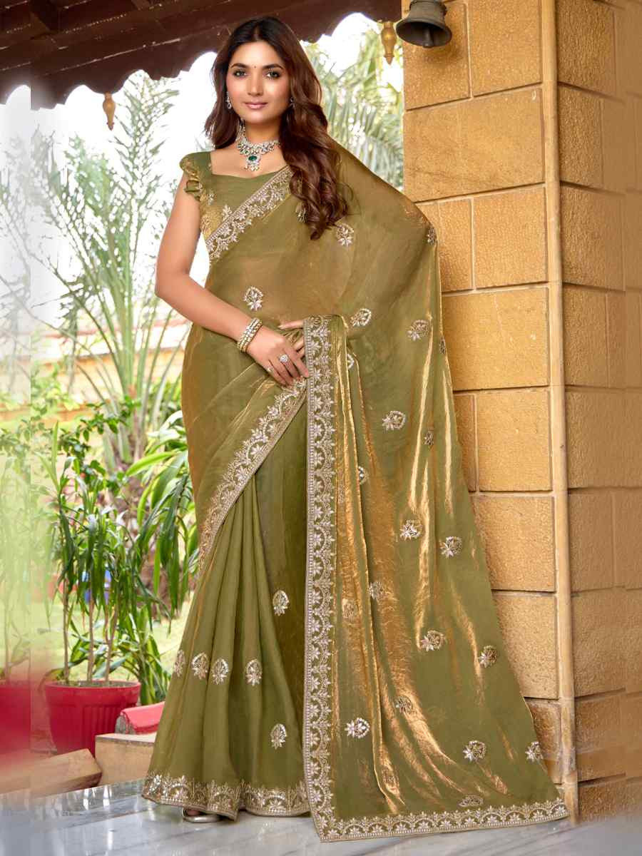 Mehendi Green Fendi Chiffon Embroidered Casual Festival Wedding Heavy Border Saree