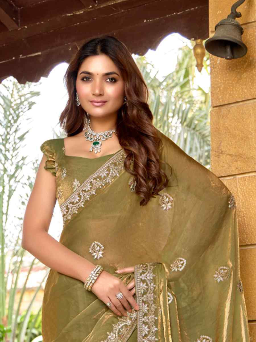 Mehendi Green Fendi Chiffon Embroidered Casual Festival Wedding Heavy Border Saree