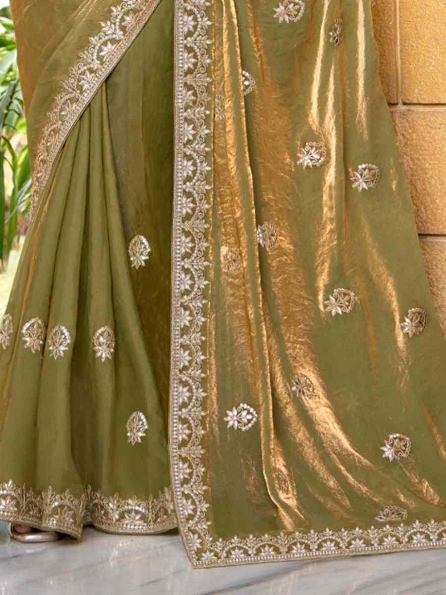 Mehendi Green Fendi Chiffon Embroidered Casual Festival Wedding Heavy Border Saree