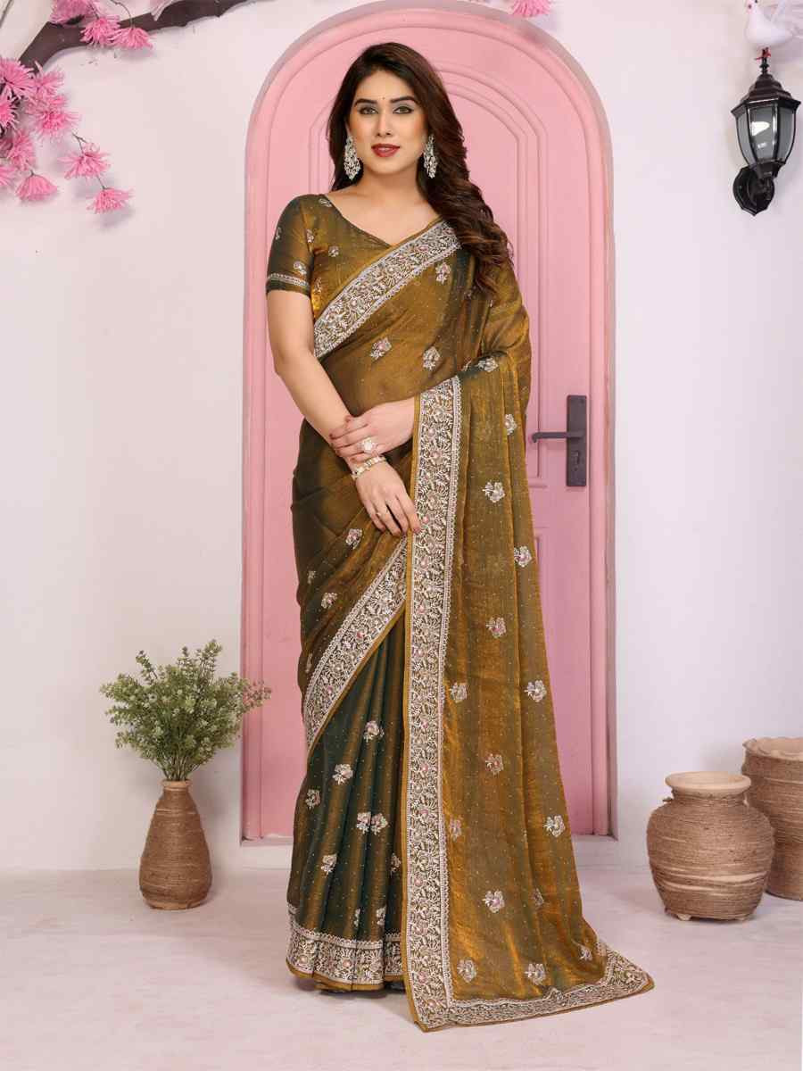 Mehendi Green Fendy Chiffon Silk Embroidery Casual Festival Party Heavy Border Sarees