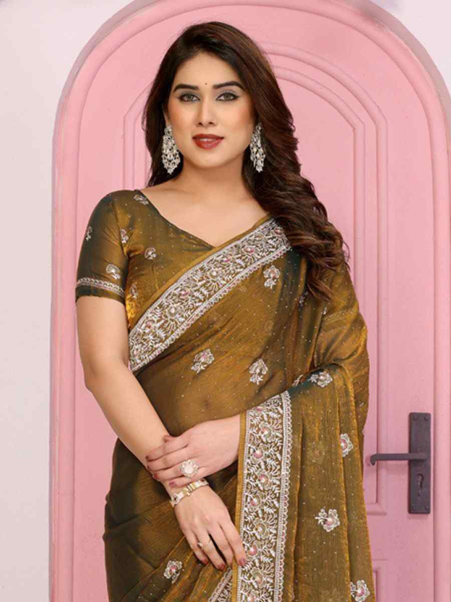 Mehendi Green Fendy Chiffon Silk Embroidery Casual Festival Party Heavy Border Sarees