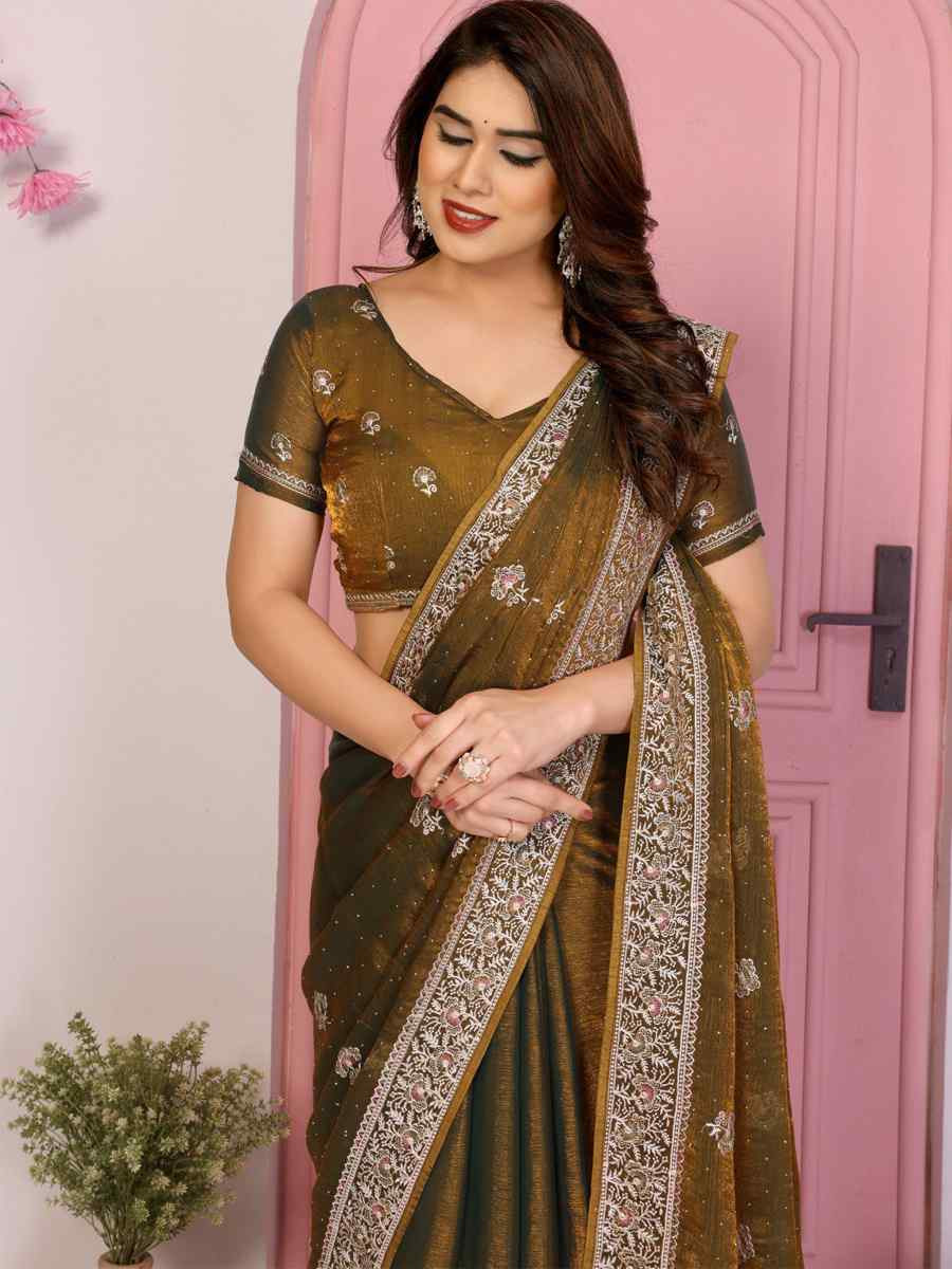 Mehendi Green Fendy Chiffon Silk Embroidery Casual Festival Party Heavy Border Sarees