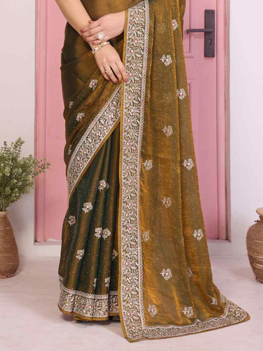 Mehendi Green Fendy Chiffon Silk Embroidery Casual Festival Party Heavy Border Sarees