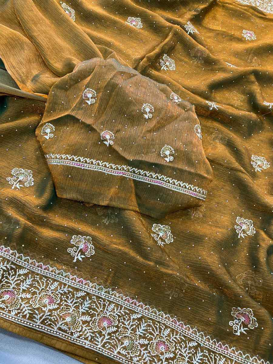 Mehendi Green Fendy Chiffon Silk Embroidery Casual Festival Party Heavy Border Sarees