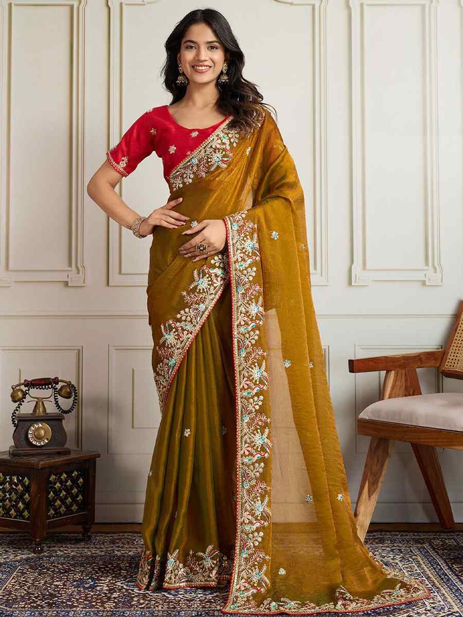 Mehendi Green Fendy Chiffon silk Embroidery Traditional Bridal Reception Festival Wedding Fancy Heavy Border Saree