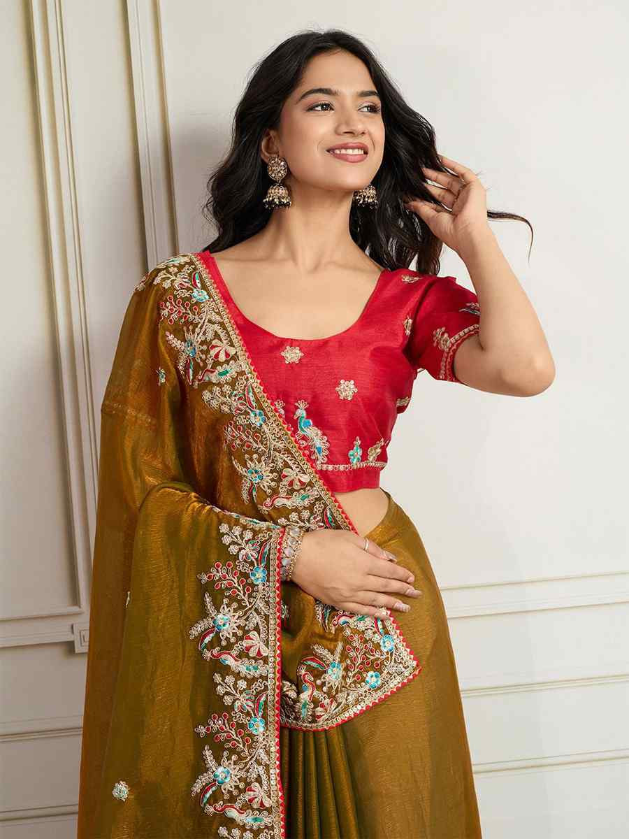 Mehendi Green Fendy Chiffon silk Embroidery Traditional Bridal Reception Festival Wedding Fancy Heavy Border Saree