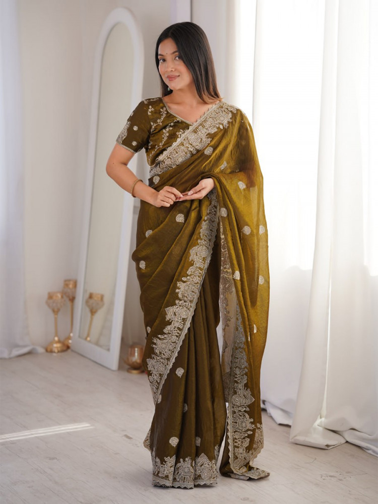 Image of Mehendi Green Fendy Crush Silk Embroidery Zari Wedding Festival Party Wear Heavy Border Sarees