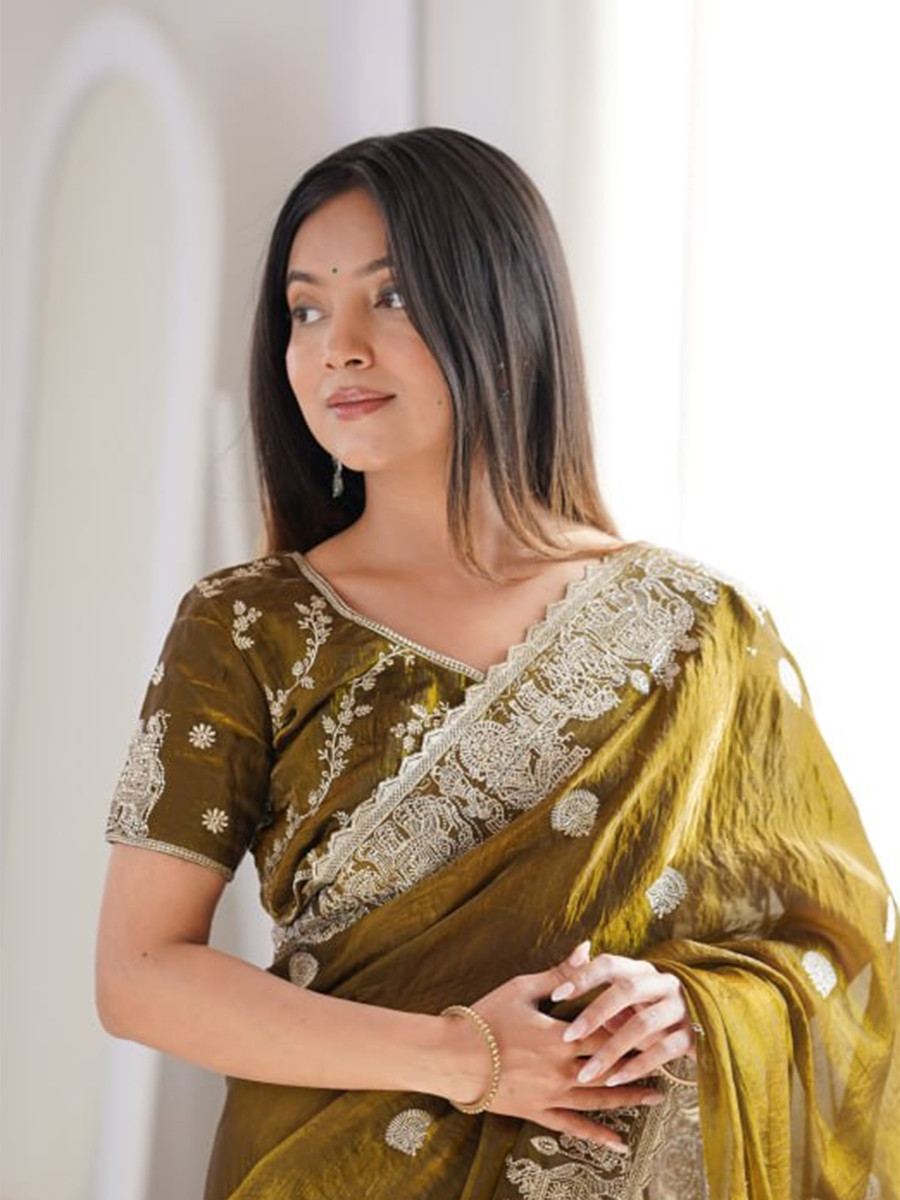 Mehendi Green Fendy Crush Silk Embroidery Zari Wedding Festival Party Wear Heavy Border Sarees