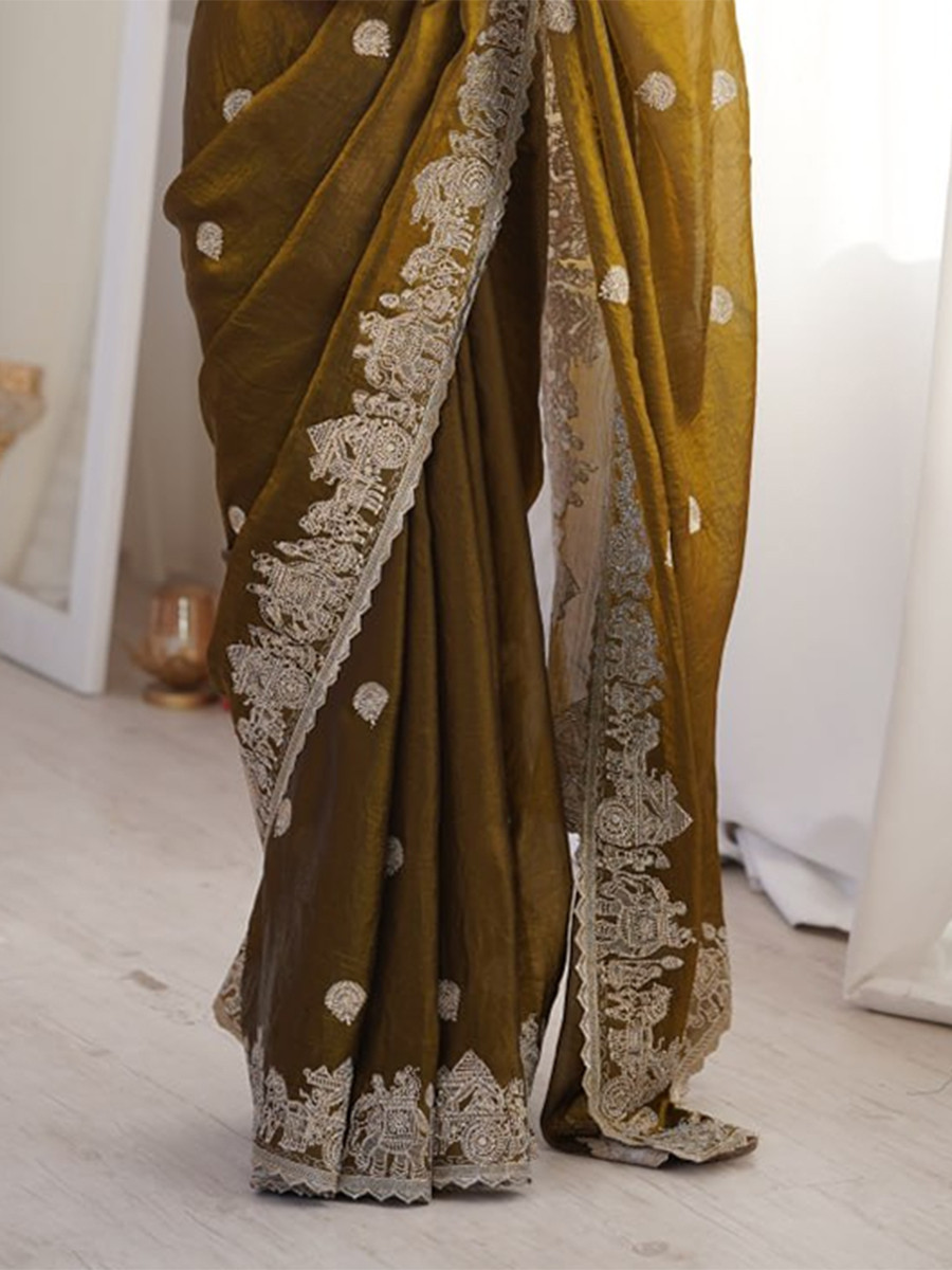 Mehendi Green Fendy Crush Silk Embroidery Zari Wedding Festival Party Wear Heavy Border Sarees