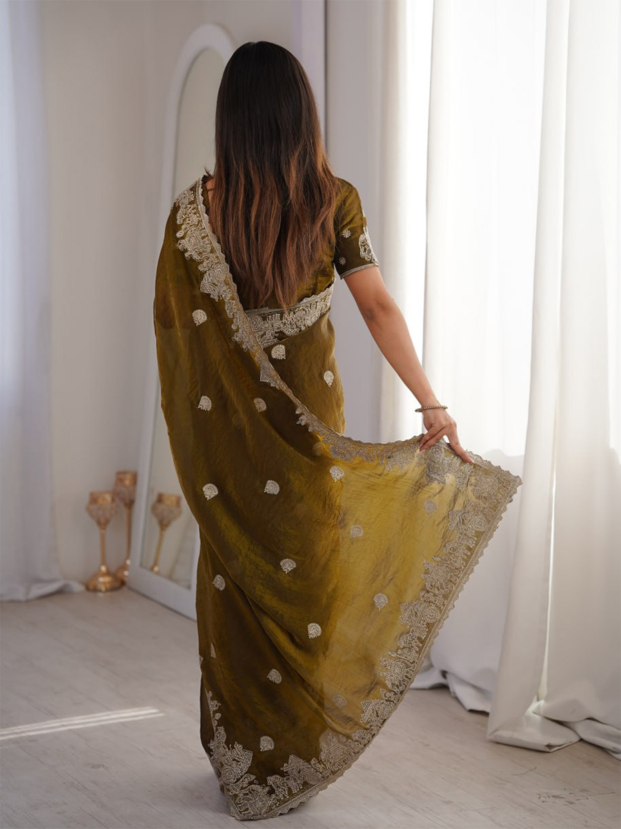 Mehendi Green Fendy Crush Silk Embroidery Zari Wedding Festival Party Wear Heavy Border Sarees