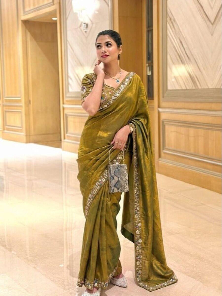 Mehendi Green Fendy Satin Silk Embroidery Sequins Beads Wedding Reception Festival Casual Heavy Border Sarees