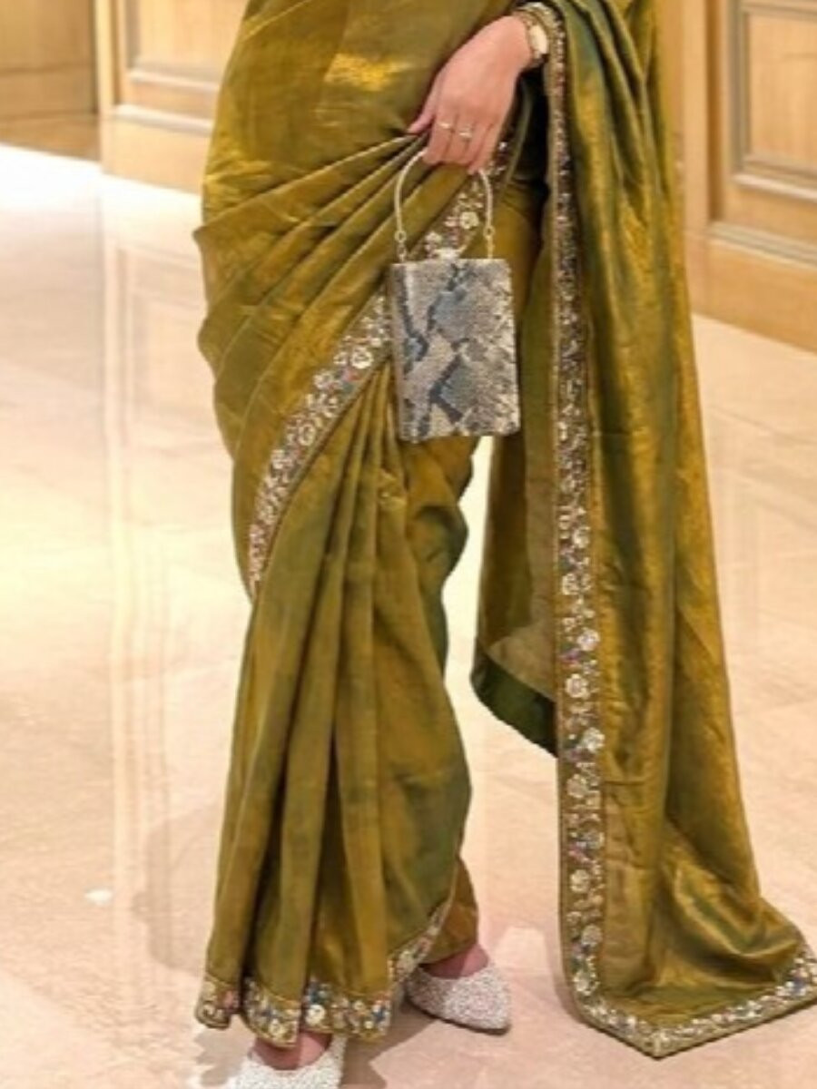Mehendi Green Fendy Satin Silk Embroidery Sequins Beads Wedding Reception Festival Casual Heavy Border Sarees