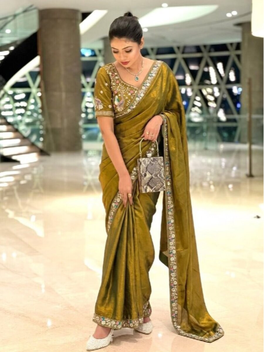 Mehendi Green Fendy Satin Silk Embroidery Sequins Beads Wedding Reception Festival Casual Heavy Border Sarees
