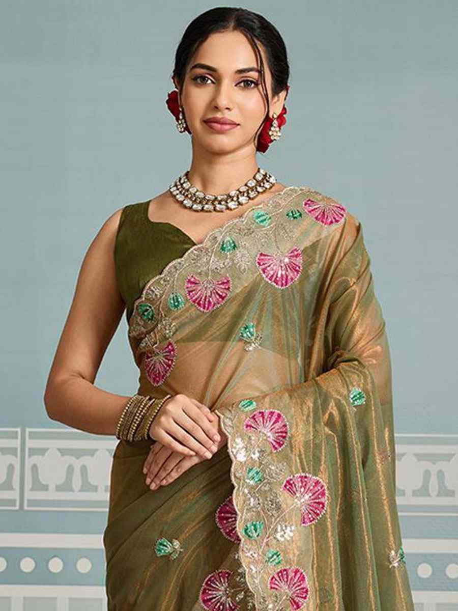 Mehendi Green Fendy Soft Net Embroidery Bridal Reception Festival Wedding Fancy Heavy Border Saree