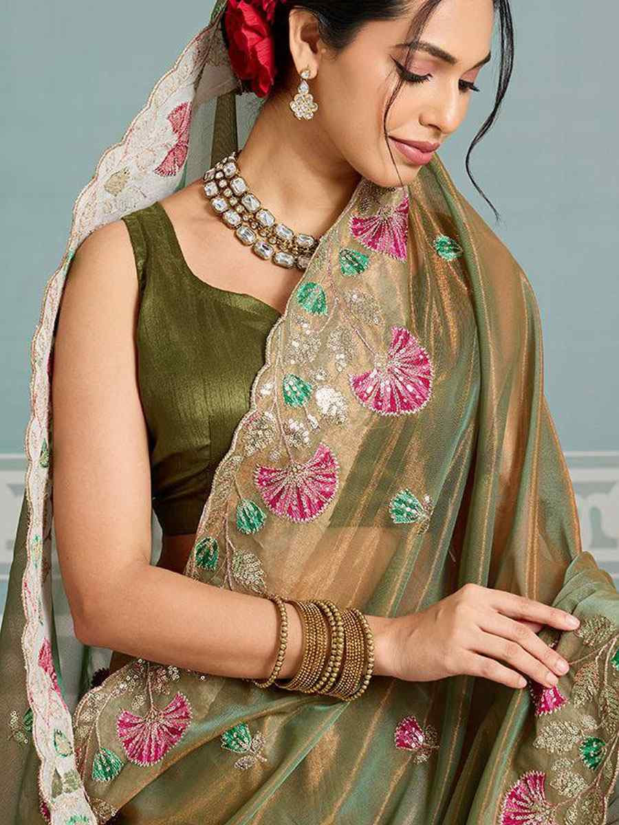 Mehendi Green Fendy Soft Net Embroidery Bridal Reception Festival Wedding Fancy Heavy Border Saree