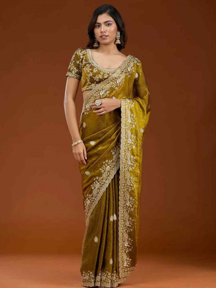 Image of Mehendi Green Frendy Chiffon Zari Embroidery Casual Reception Festival Wedding Fancy Heavy Border Sarees