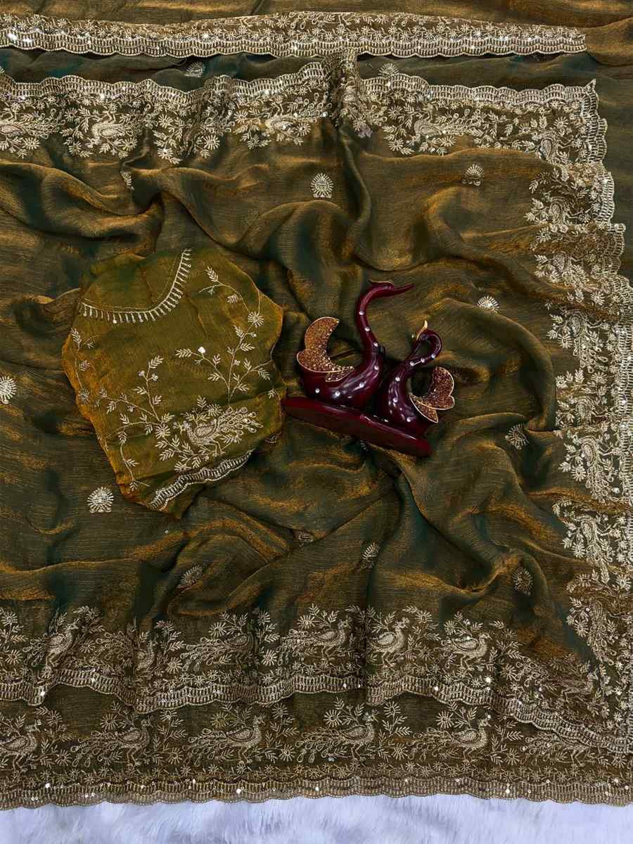 Mehendi Green Frendy Chiffon Zari Embroidery Casual Reception Festival Wedding Fancy Heavy Border Sarees