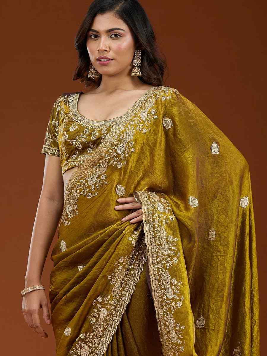 Mehendi Green Frendy Chiffon Zari Embroidery Casual Reception Festival Wedding Fancy Heavy Border Sarees