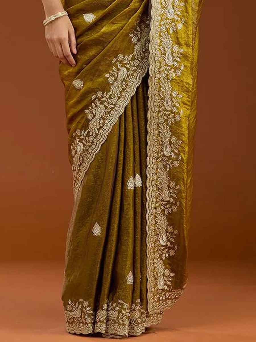 Mehendi Green Frendy Chiffon Zari Embroidery Casual Reception Festival Wedding Fancy Heavy Border Sarees