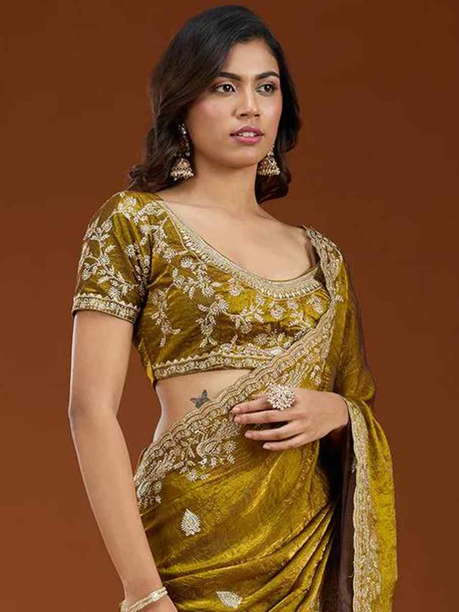 Mehendi Green Frendy Chiffon Zari Embroidery Casual Reception Festival Wedding Fancy Heavy Border Sarees