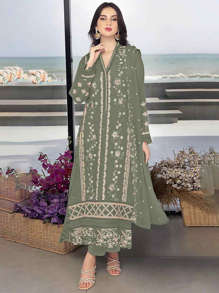 Mehendi Green Georgette Embroidered Festival Wedding Pant Salwar Kameez