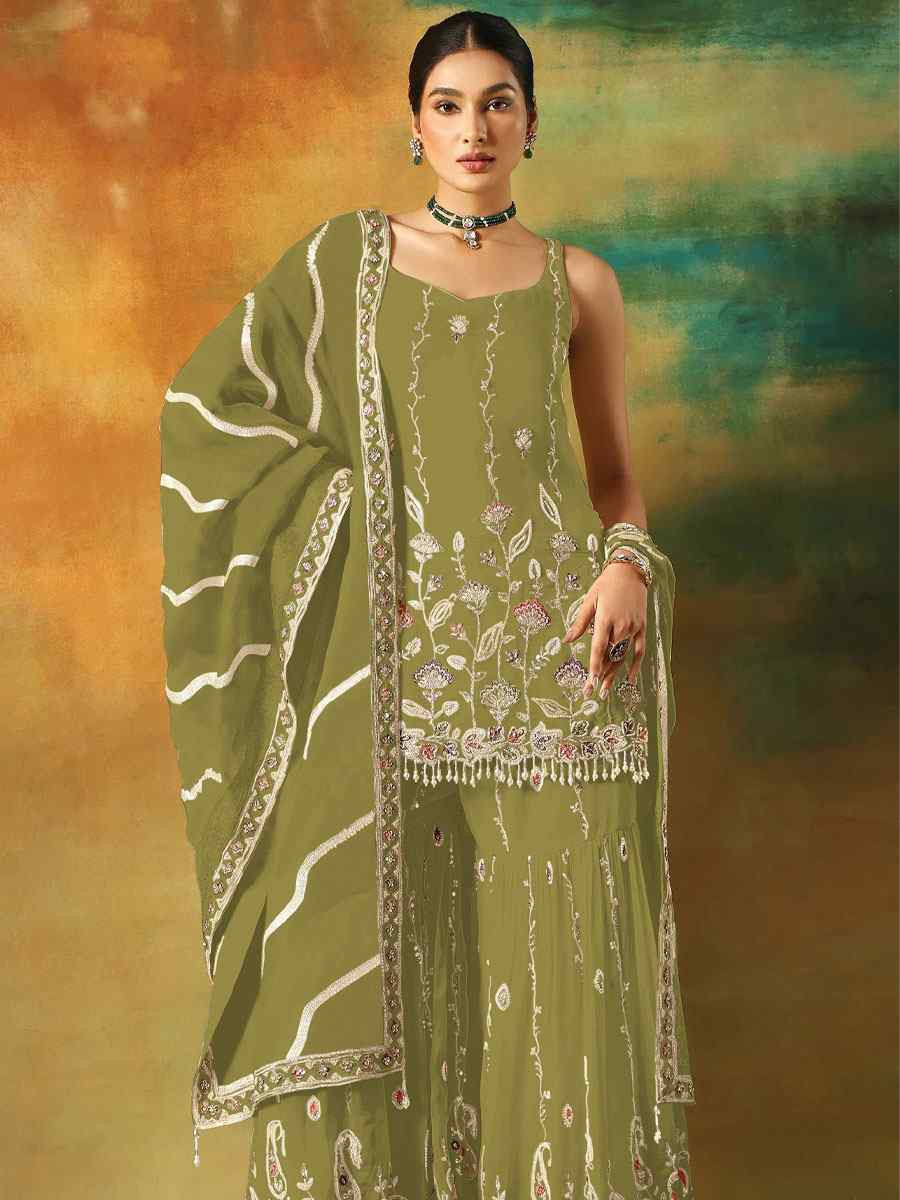 Mehendi Green Georgette Embroidered Festival Wedding Sharara Pant Salwar Kameez