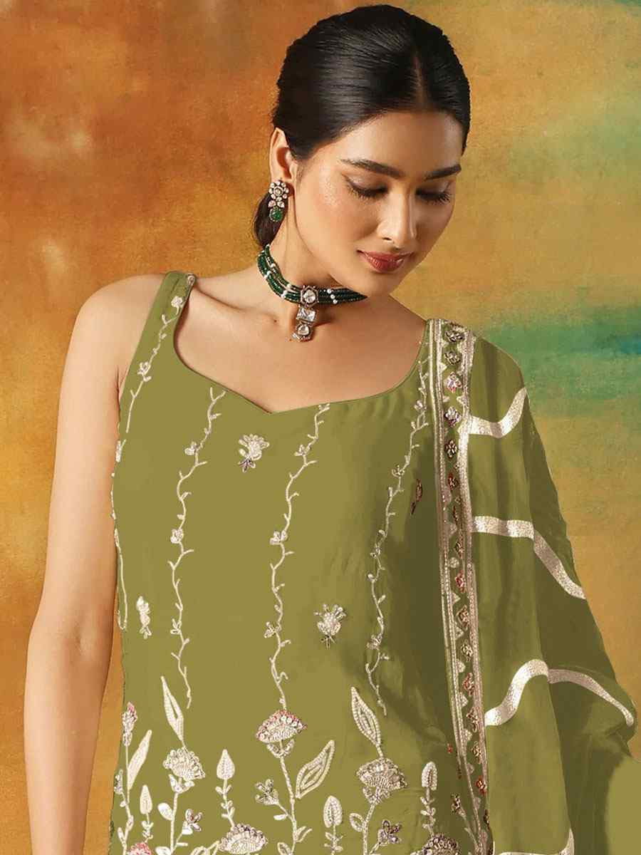 Mehendi Green Georgette Embroidered Festival Wedding Sharara Pant Salwar Kameez