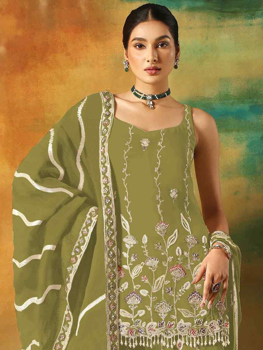 Mehendi Green Georgette Embroidered Festival Wedding Sharara Pant Salwar Kameez