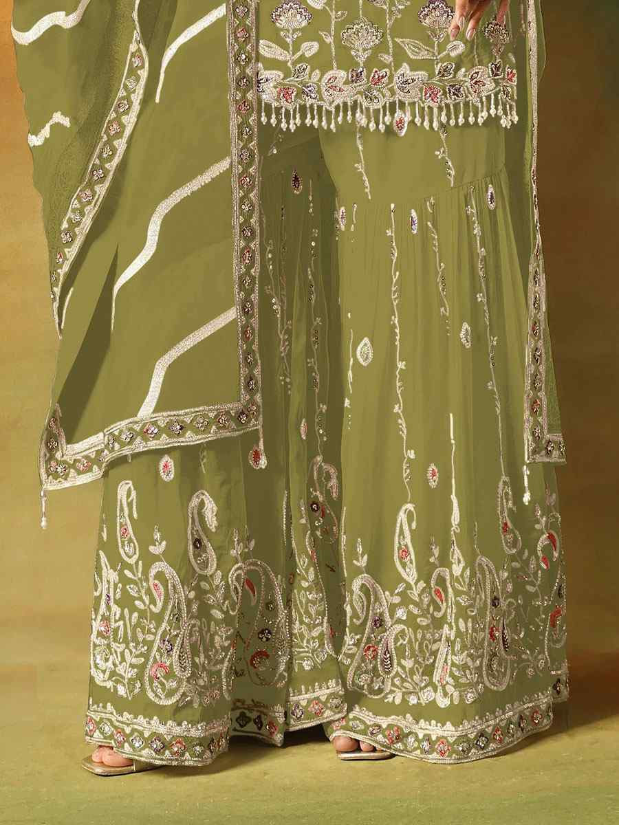 Mehendi Green Georgette Embroidered Festival Wedding Sharara Pant Salwar Kameez