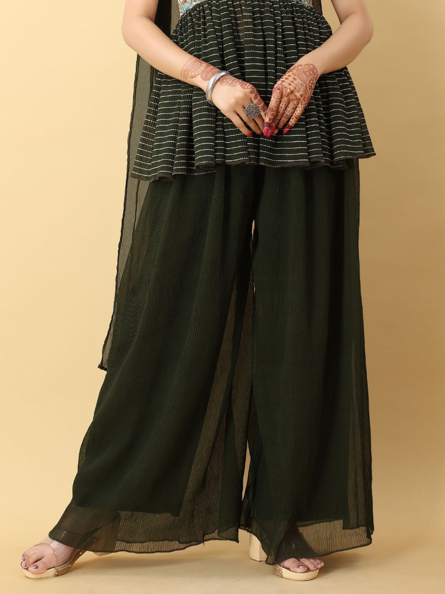 Mehendi Green Georgette Pleated Malai Silk Embroidered Festival Party Ready Palazzo Pant Salwar Kameez