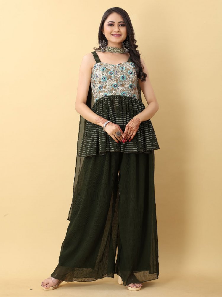 Mehendi Green Georgette Pleated Malai Silk Embroidered Festival Party Ready Palazzo Pant Salwar Kameez