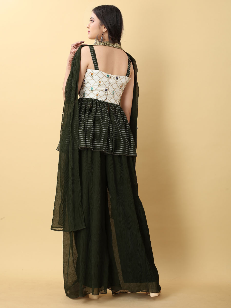 Mehendi Green Georgette Pleated Malai Silk Embroidered Festival Party Ready Palazzo Pant Salwar Kameez
