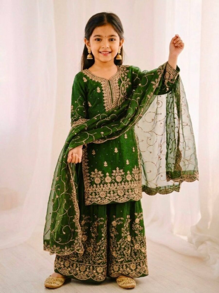 Image of Mehendi Green GMY Silk Embroidered Sequins Ethnic Casual Festival Party Wedding Ready Kurta Sharara Girls Wear