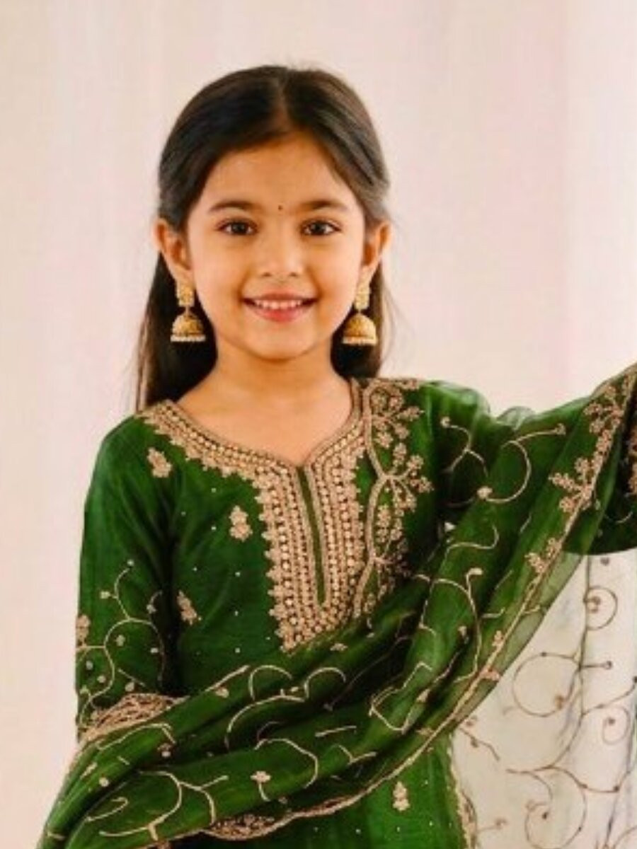 Mehendi Green GMY Silk Embroidered Sequins Ethnic Casual Festival Party Wedding Ready Kurta Sharara Girls Wear