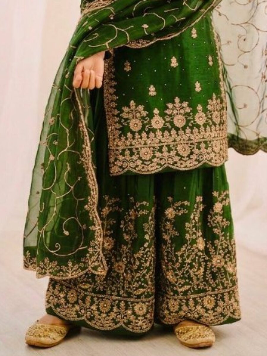 Mehendi Green GMY Silk Embroidered Sequins Ethnic Casual Festival Party Wedding Ready Kurta Sharara Girls Wear