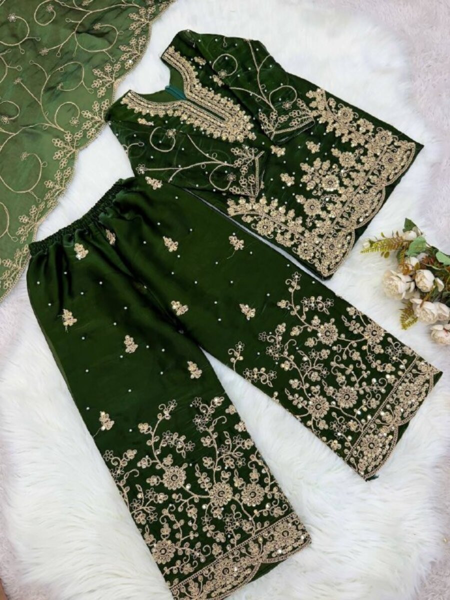 Mehendi Green GMY Silk Embroidered Sequins Ethnic Casual Festival Party Wedding Ready Kurta Sharara Girls Wear