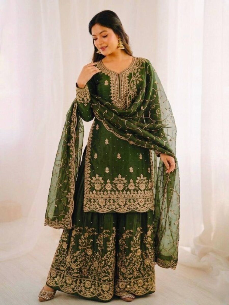 Mehendi Green GMY Silk Embroidery Sequins Wedding Party Festival Casual Ready Palazzo Pant Salwar Kameez