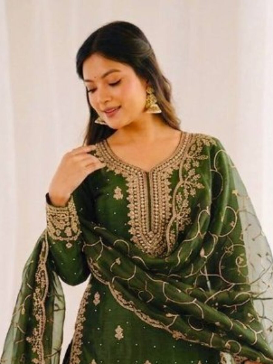 Mehendi Green GMY Silk Embroidery Sequins Wedding Party Festival Casual Ready Palazzo Pant Salwar Kameez