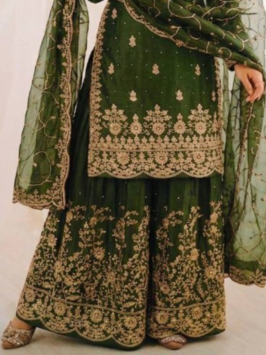 Mehendi Green GMY Silk Embroidery Sequins Wedding Party Festival Casual Ready Palazzo Pant Salwar Kameez