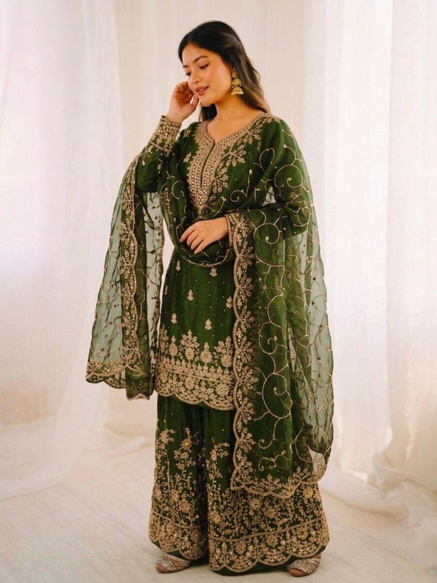 Mehendi Green GMY Silk Embroidery Sequins Wedding Party Festival Casual Ready Palazzo Pant Salwar Kameez