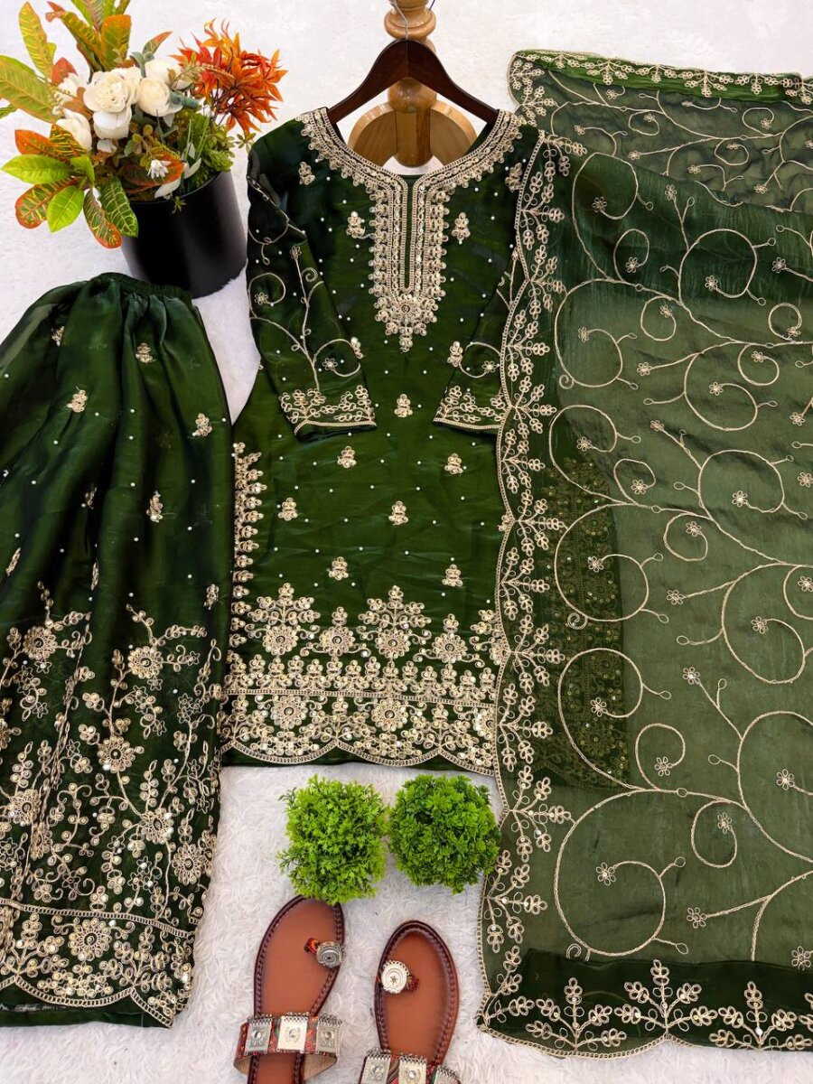 Mehendi Green GMY Silk Embroidery Sequins Wedding Party Festival Casual Ready Palazzo Pant Salwar Kameez